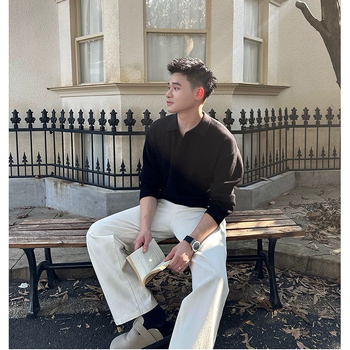 Мъжки плетен суитер с V-образно деколте, свободна кройка, дълги ръкави, жакардова плетка, полиестерова смес