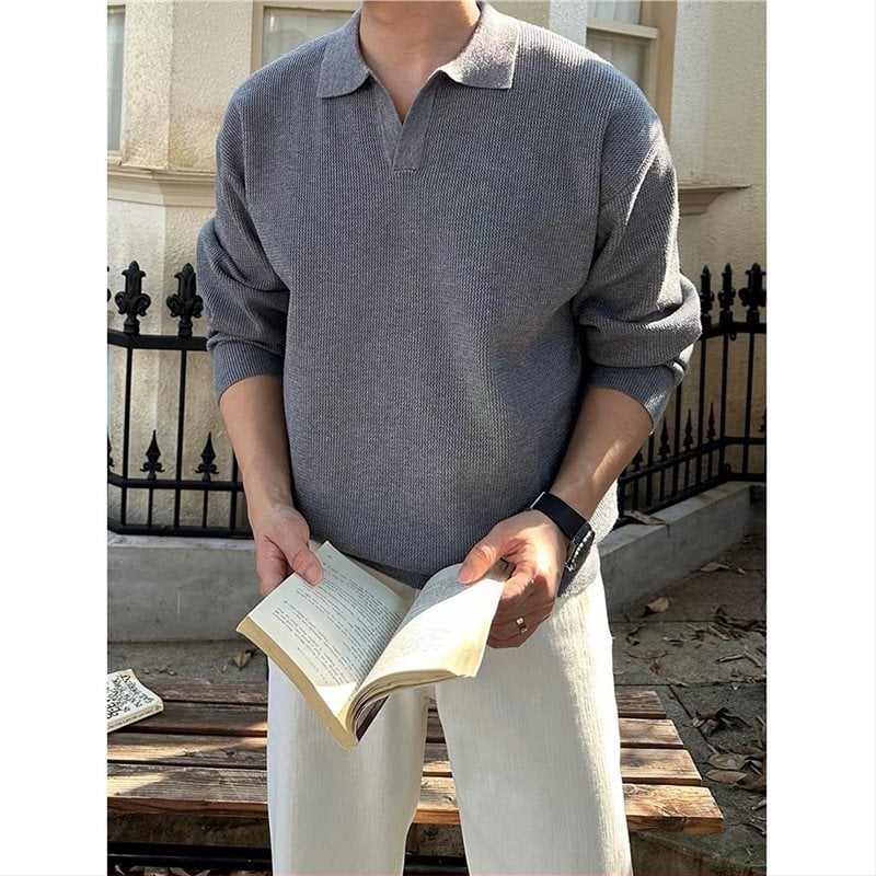 Мъжки плетен суитер с V-образно деколте, свободна кройка, дълги ръкави, жакардова плетка, полиестерова смес