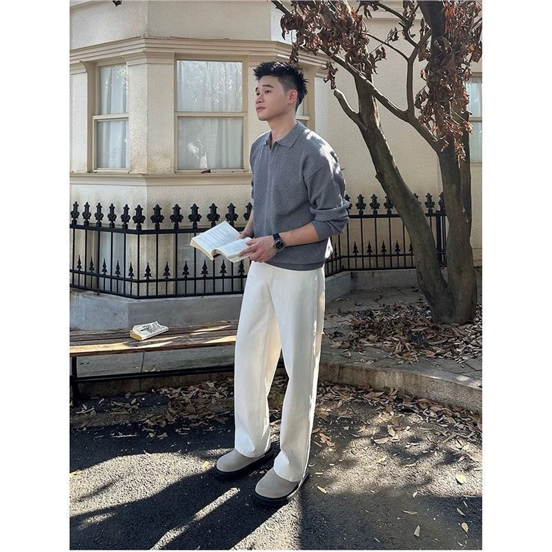 Мъжки плетен суитер с V-образно деколте, свободна кройка, дълги ръкави, жакардова плетка, полиестерова смес