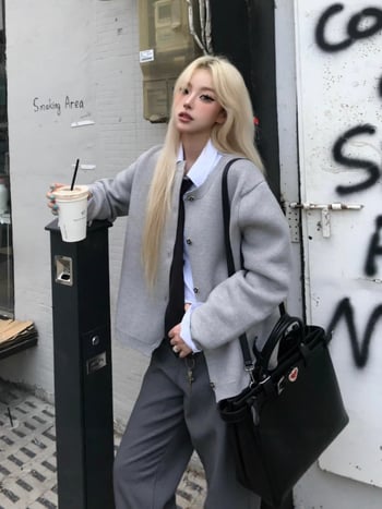 Плетен кардиган-свитер, памучна материя, свободна кройка, кръгло деколте, дълги ръкави