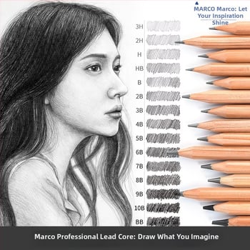 Marco 7001 професионален художествен комплект моливи — дървени моливи 2B и HB, графитни и въглен моливи, 12 бр. в кутия, 240 кутии в кашон