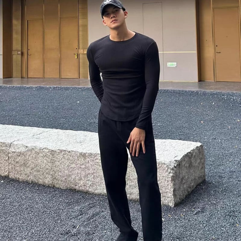 Мъжка тениска с дълги ръкави, Slim Fit, полиестер, влагоотводяща материя, кръгло деколте