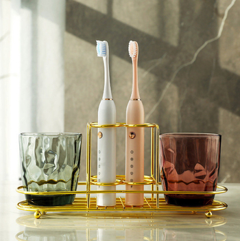 Set čaša za četkicu i vodu za usta od stakla soda-lime, cilindričnog oblika, jednovojni uzorak, moderan minimalistički stil, šest komada