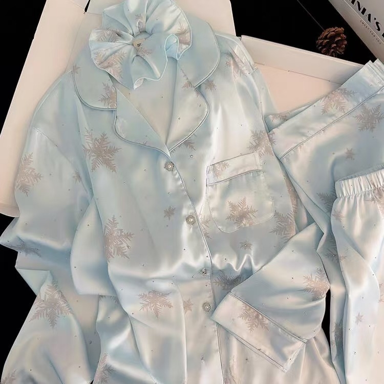 Pidžama set s Ice Silk tkaninom, kardigan stil, premium doživljaj, Turn-down ovratnik, dugi rukavi, duge hlače