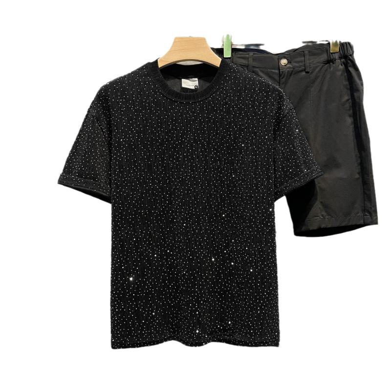 Тениска с кристали, геометричен принт, слим кройка, къс ръкав, копринена материя