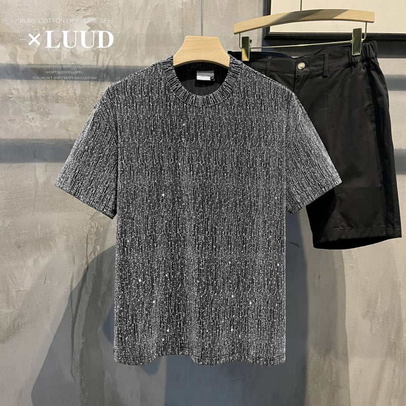 Тениска с кристали, геометричен принт, слим кройка, къс ръкав, копринена материя