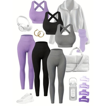 B2295 3-частен комплект спортно-ежедневен безшевен с висока талия, дълъг ръкав, кръгла яка