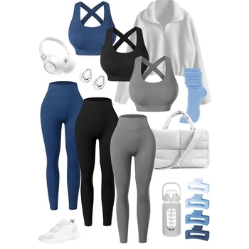 B2295 3-частен комплект спортно-ежедневен безшевен с висока талия, дълъг ръкав, кръгла яка