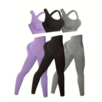 B2295 3-частен комплект спортно-ежедневен безшевен с висока талия, дълъг ръкав, кръгла яка