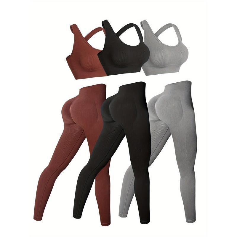 B2295 3-частен комплект спортно-ежедневен безшевен с висока талия, дълъг ръкав, кръгла яка