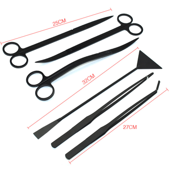 Аквариумни инструменти от неръждаема стомана: щипци за водна трева, плоска лопатка за пясък и ножици (Материал: неръждаема стомана; Форма на върха: права; Комплект: щипци за водна трева, плоска лопатка за пясък, ножици)