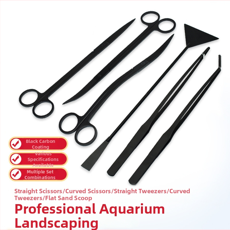 Nerezové oceľové nástroje pre akvárium: pinzeta na vodné rastliny, plochá lopatka na piesok a nožnice (Materiál: nerezová oceľ; Tvar hlavy: rovný; Obsahuje: pinzeta, plochá lopatka, nožnice)