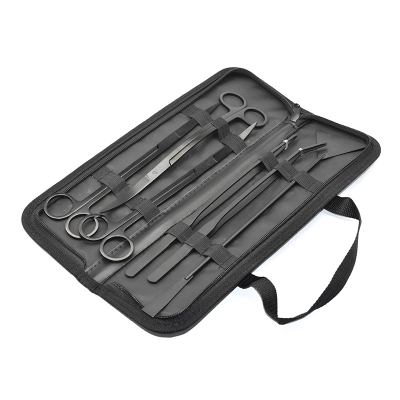 Аквариумни инструменти от неръждаема стомана: щипци за водна трева, плоска лопатка за пясък и ножици (Материал: неръждаема стомана; Форма на върха: права; Комплект: щипци за водна трева, плоска лопатка за пясък, ножици)