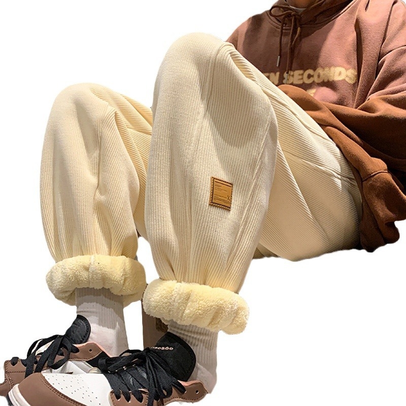 Muške corduroy casual hlače s flis podstavom, slobodan kroj, srednji pojas, vezivanje šnuralom