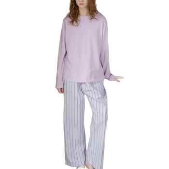 Ženski set pidžama – modal s osjećajem pamuka, pulover s okruglim izrezom, minimalistički i ležeran stil, lagan, s dugim rukavima i hlačama