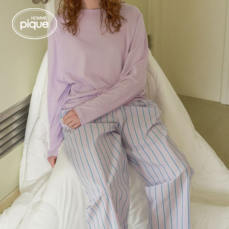 Ženski set pidžama – modal s osjećajem pamuka, pulover s okruglim izrezom, minimalistički i ležeran stil, lagan, s dugim rukavima i hlačama