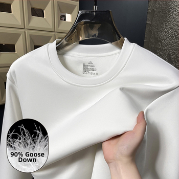 Мъжка тениска с дълъг ръкав от памук, флисена подплата, с кръгла яка, слим фит, за зима, пролет и есен