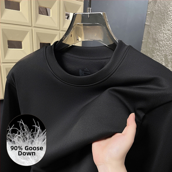 Мъжка тениска с дълъг ръкав от памук, флисена подплата, с кръгла яка, слим фит, за зима, пролет и есен