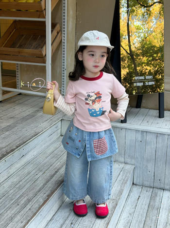 Dječje majice u korejskom stilu s dugim rukavima i denim prslukom, otisak crtića, za uzrast 3–8 godina, proljeće 2025, model 861012