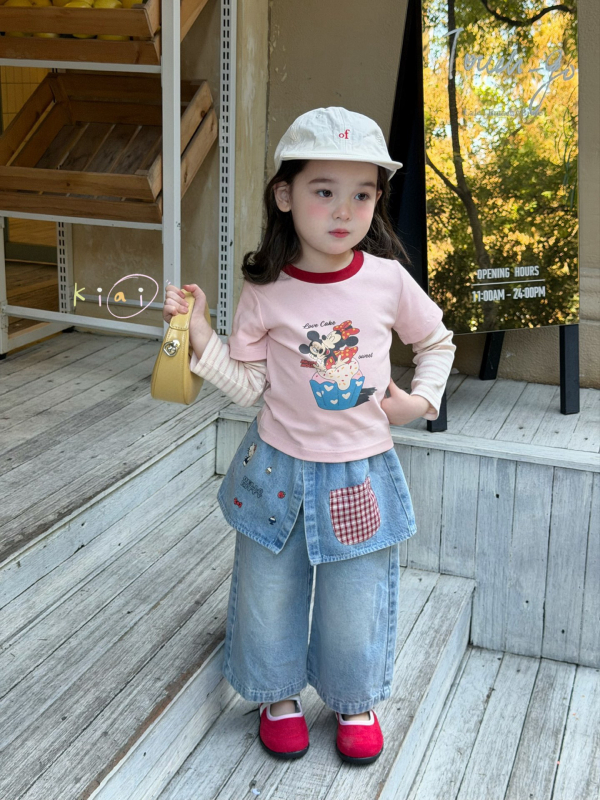 Dječje majice u korejskom stilu s dugim rukavima i denim prslukom, otisak crtića, za uzrast 3–8 godina, proljeće 2025, model 861012