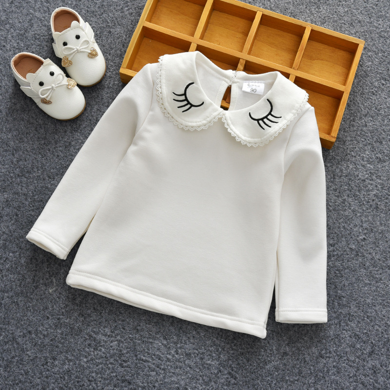 Korejski stil dječja majica s dugim rukavima za djevojčice, fleec podstava, mali ovratnik, 90% pamuk.