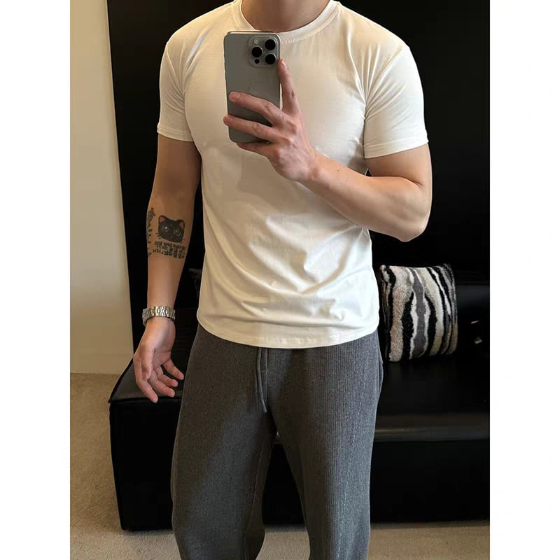 Тениска реглан с къс ръкав в американски ретро стил, памук-полиестер, кръгла яка, тясна кройка