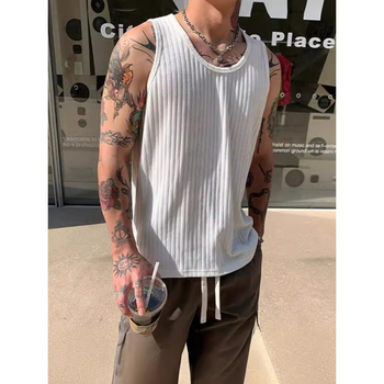 Мъжки безръкав потник, корейски стил, райета, свободна кройка, полиестер-памук смесена материя, лято