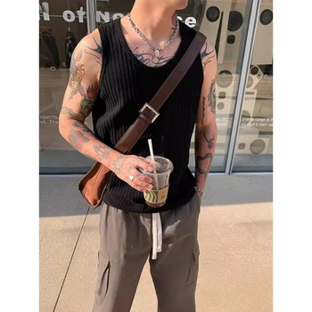 Мъжки безръкав потник, корейски стил, райета, свободна кройка, полиестер-памук смесена материя, лято