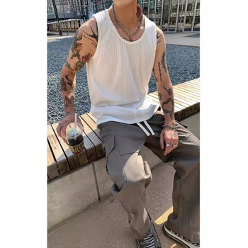 Мъжки безръкав потник, корейски стил, райета, свободна кройка, полиестер-памук смесена материя, лято