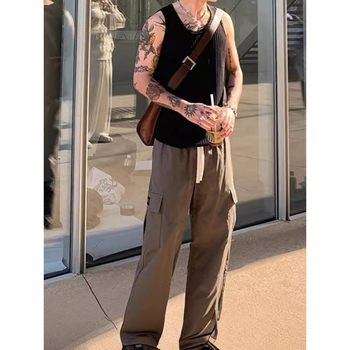 Мъжки безръкав потник, корейски стил, райета, свободна кройка, полиестер-памук смесена материя, лято