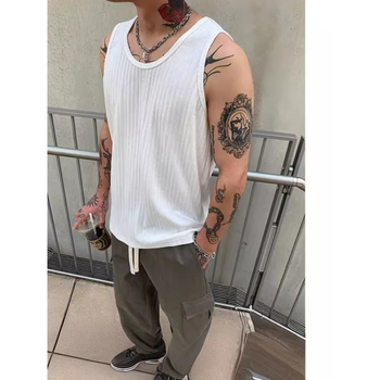 Мъжки безръкав потник, корейски стил, райета, свободна кройка, полиестер-памук смесена материя, лято