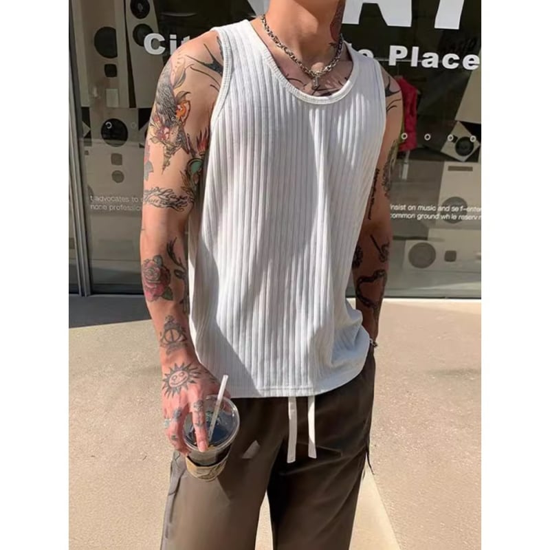 Мъжки безръкав потник, корейски стил, райета, свободна кройка, полиестер-памук смесена материя, лято