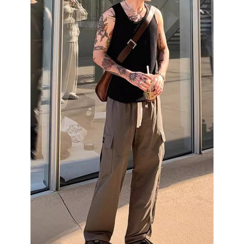 Мъжки безръкав потник, корейски стил, райета, свободна кройка, полиестер-памук смесена материя, лято