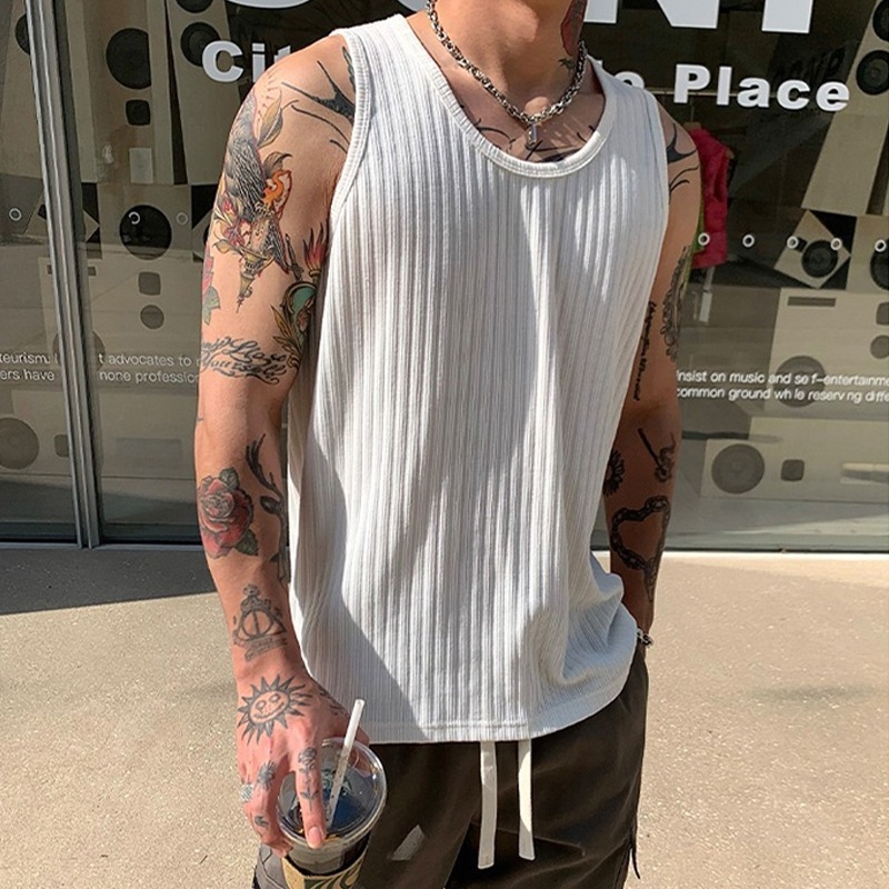 Мъжки безръкав потник, корейски стил, райета, свободна кройка, полиестер-памук смесена материя, лято