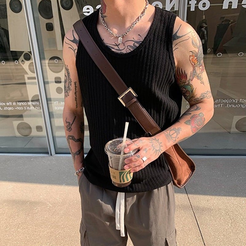 Мъжки безръкав потник, корейски стил, райета, свободна кройка, полиестер-памук смесена материя, лято