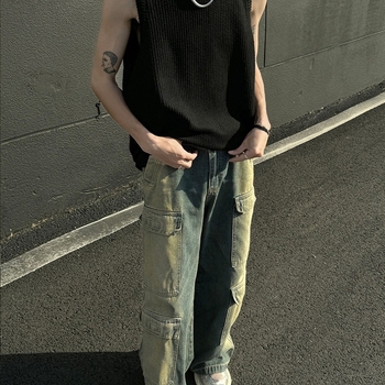 Мъжки свободен безръкав потник от ice silk с райета – корейски стил, полиестер, смес от химически влакна, без гладене, прав край, лято