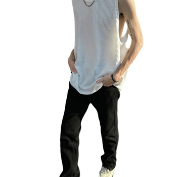 Мъжки свободен безръкав потник от ice silk с райета – корейски стил, полиестер, смес от химически влакна, без гладене, прав край, лято