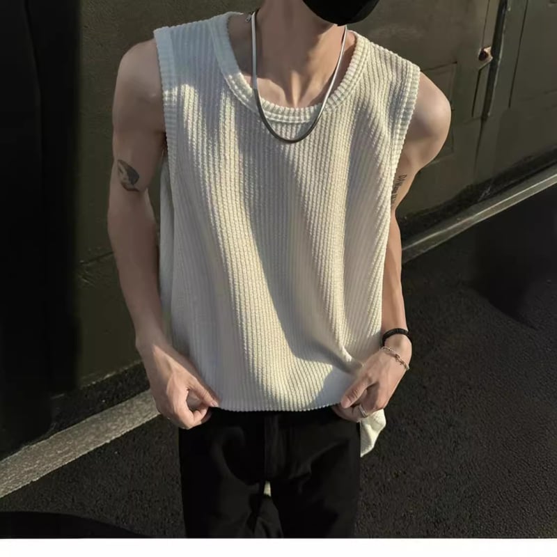 Мъжки свободен безръкав потник от ice silk с райета – корейски стил, полиестер, смес от химически влакна, без гладене, прав край, лято