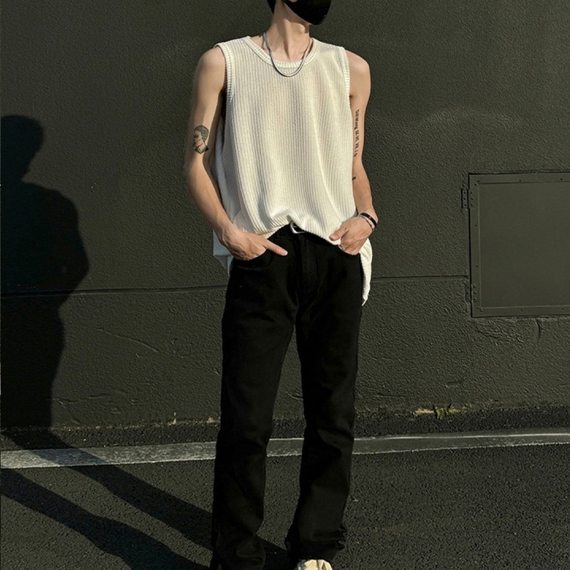 Мъжки свободен безръкав потник от ice silk с райета – корейски стил, полиестер, смес от химически влакна, без гладене, прав край, лято