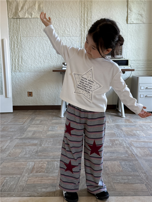 Tricou pentru copii cu broderie patch în formă de stea cu cinci colțuri, mânecă lungă, guler rotund, stil coreean, bumbac
