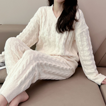 Dvodijelni veluru pijama set s V-izrezom, debeli, 301–350 g/m2, 100% poliester