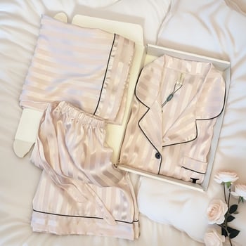 Ice Silk Jacquard set za spavanje – luksuzni trodijelni kućni outfit, s Turn-Down preklopnim ovratnikom, rukavi 3/4, dugačke hlače