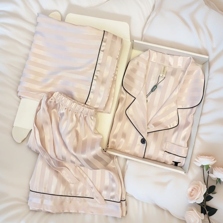 Ice Silk Jacquard set za spavanje – luksuzni trodijelni kućni outfit, s Turn-Down preklopnim ovratnikom, rukavi 3/4, dugačke hlače