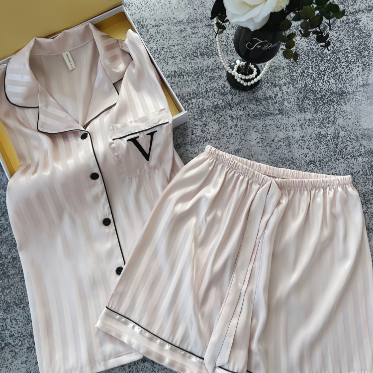 Ice Silk Jacquard set za spavanje – luksuzni trodijelni kućni outfit, s Turn-Down preklopnim ovratnikom, rukavi 3/4, dugačke hlače