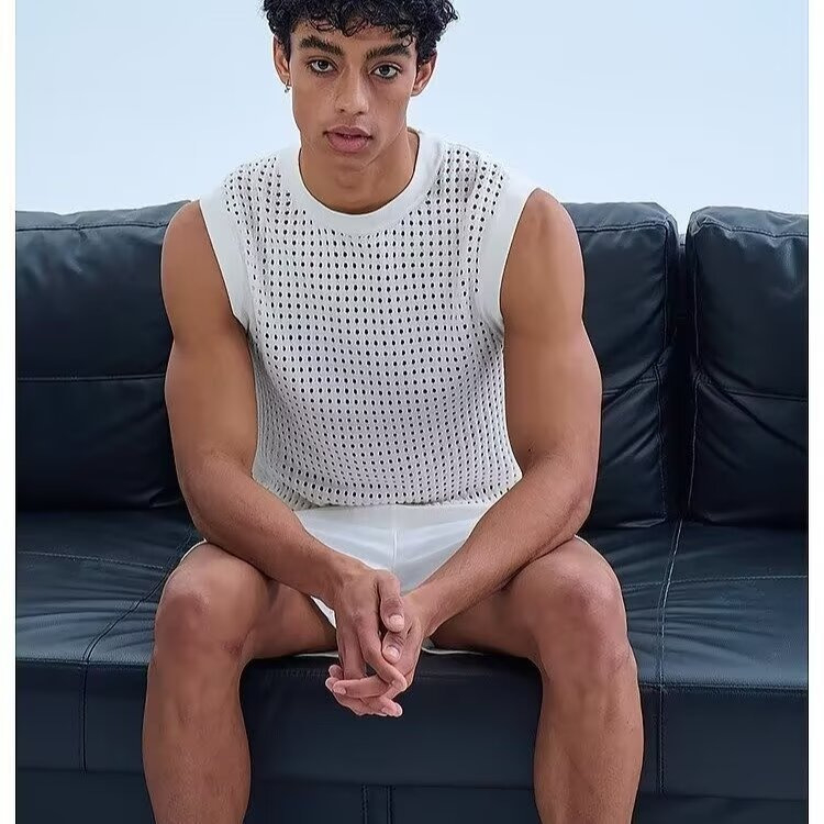 Мъжка полупрозрачна плетена жилетка в корейски стил, прилепнала кройка, 100% полиестер, лято