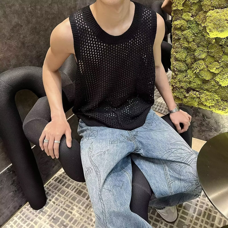 Мъжка полупрозрачна плетена жилетка в корейски стил, прилепнала кройка, 100% полиестер, лято