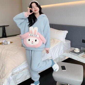 Ženske pidžame od koralnog baršuna s kapuljačom, debeli flis, crtani stil, okrugli izrez, dugi rukavi, hlače, zimsko toplo kućno odijevanje, može se nositi i vani