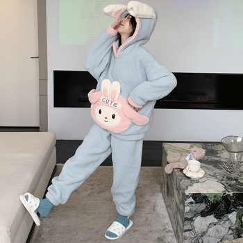 Ženske pidžame od koralnog baršuna s kapuljačom, debeli flis, crtani stil, okrugli izrez, dugi rukavi, hlače, zimsko toplo kućno odijevanje, može se nositi i vani