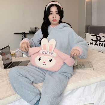 Ženske pidžame od koralnog baršuna s kapuljačom, debeli flis, crtani stil, okrugli izrez, dugi rukavi, hlače, zimsko toplo kućno odijevanje, može se nositi i vani