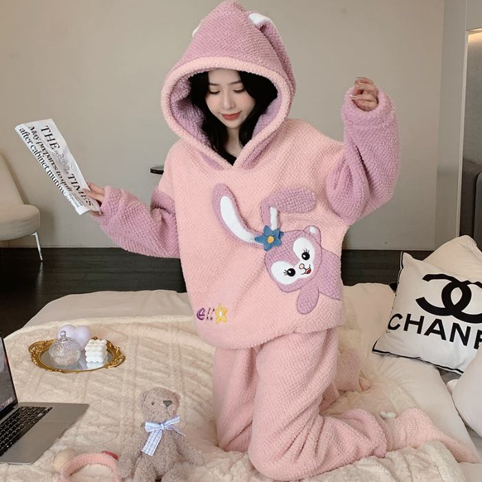 Ženske pidžame od koralnog baršuna s kapuljačom, debeli flis, crtani stil, okrugli izrez, dugi rukavi, hlače, zimsko toplo kućno odijevanje, može se nositi i vani